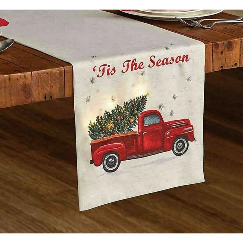 Red Farm Truck Table Runner 72x14 Light Up Cabin Lodge Tis The Season